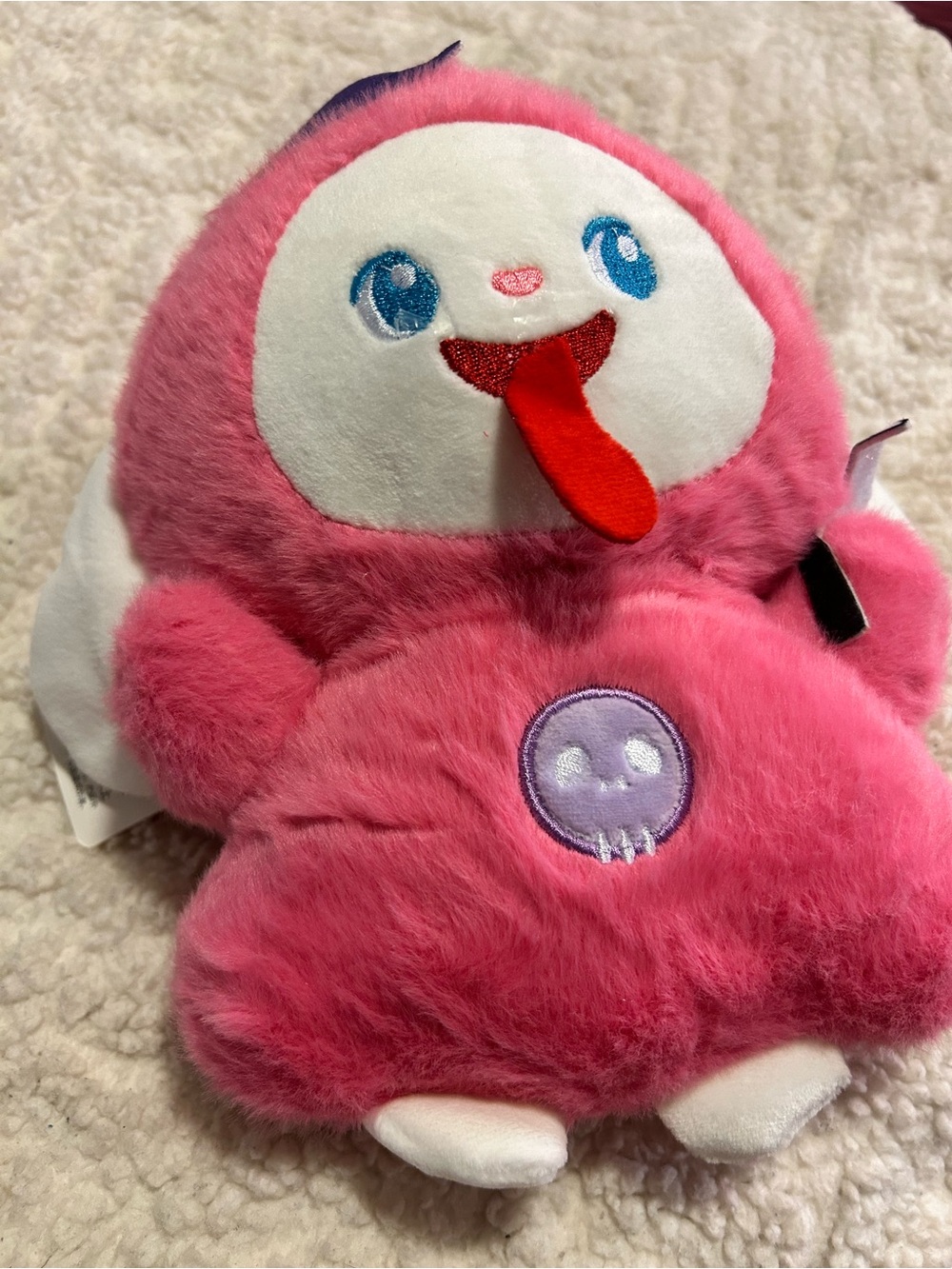Pink Plush Bird Toy with Embroidered Skull Accent